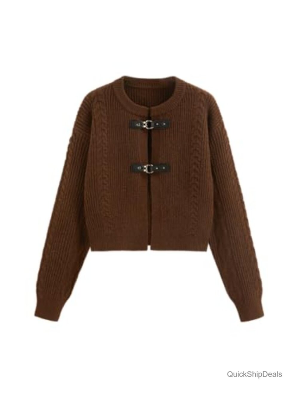 Buckle Cardigan Sweater Round Neck Long Sleeve Knitted Crop Top Outerwear
